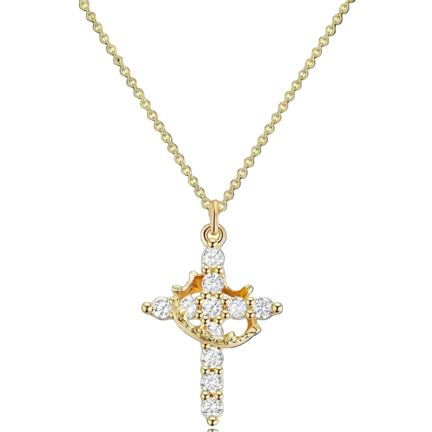 Elegant Gold Crown-Cross Necklace